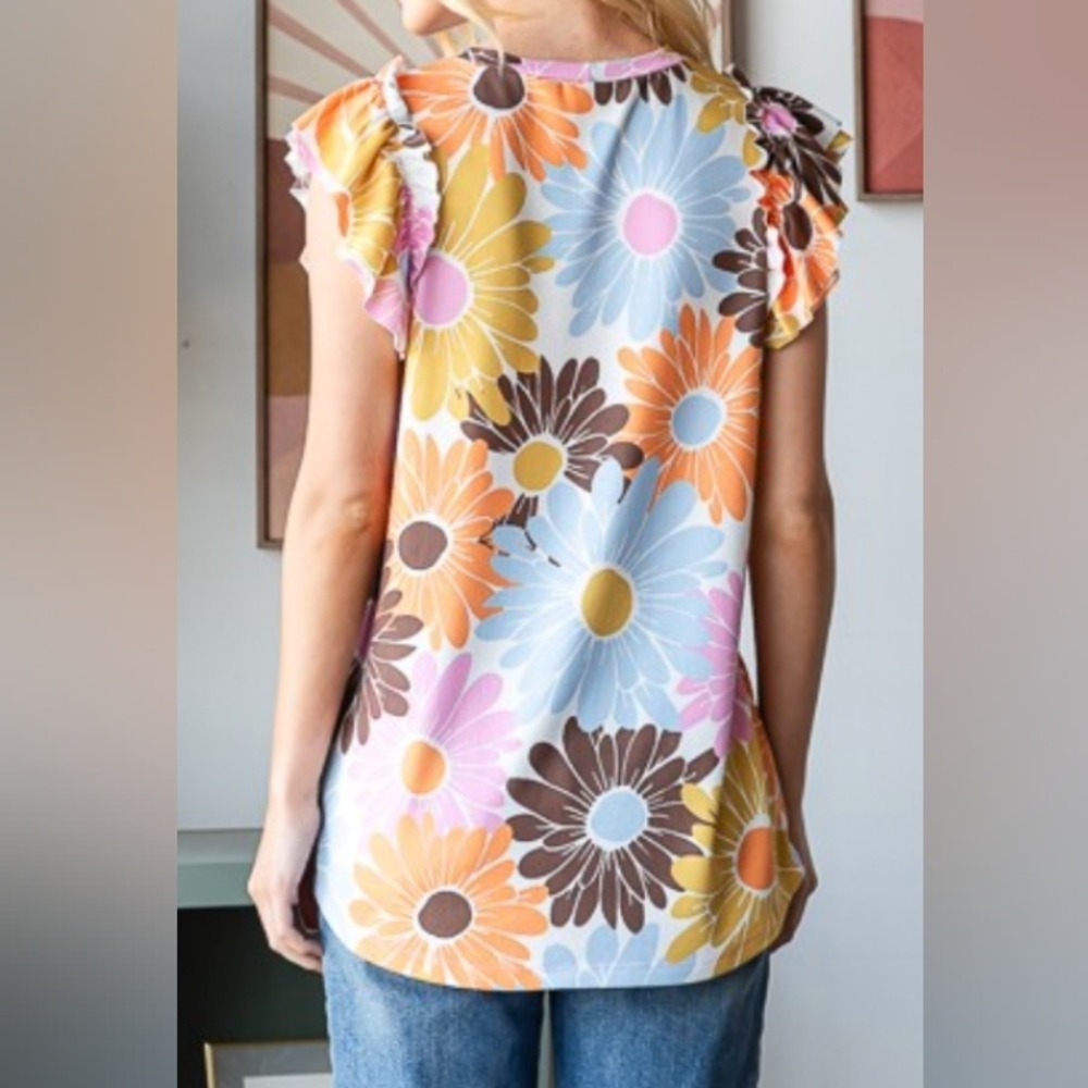 Floral Ruffle Sleeve Top - Multicolor - Picture 5 of 6